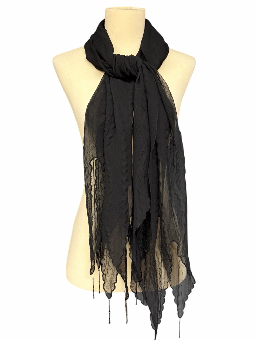 Y2K Black Sheer Crinkle Beaded Fringe Scarf Shawl Wrap Boho Goth
